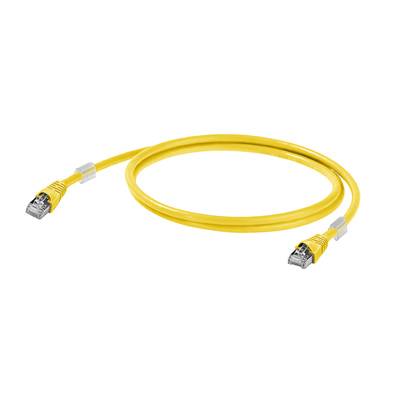 Câble Ethernet jaune avec connecteurs RJ45 aux deux extrémités, utilisé pour les connexions réseau.