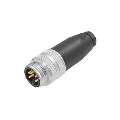 Un connecteur cylindrique multipolaire avec un revêtement noir et argenté et des broches de connexion dorées visibles.