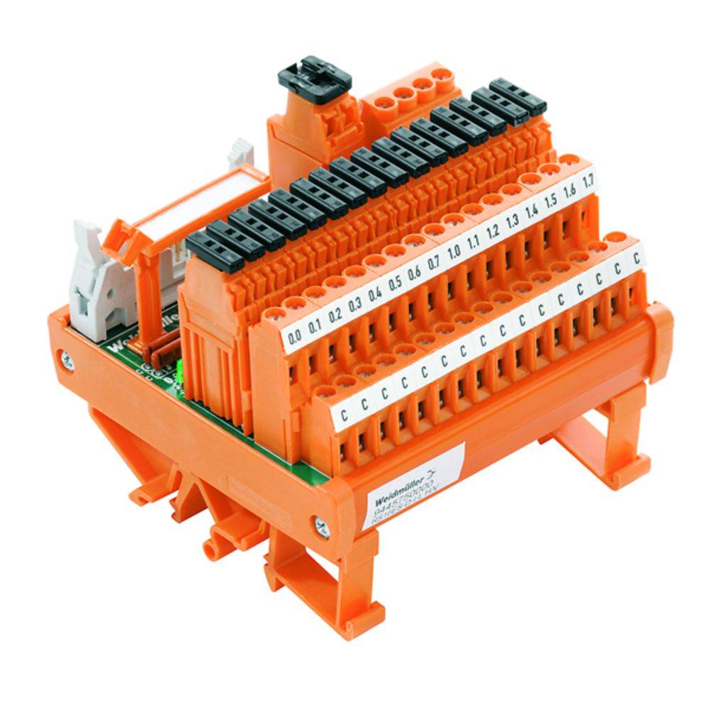 Bloc de bornes à rangée orange avec des connexions étiquetées de 0 à 1.7. Adapté aux applications industrielles ou électriques.