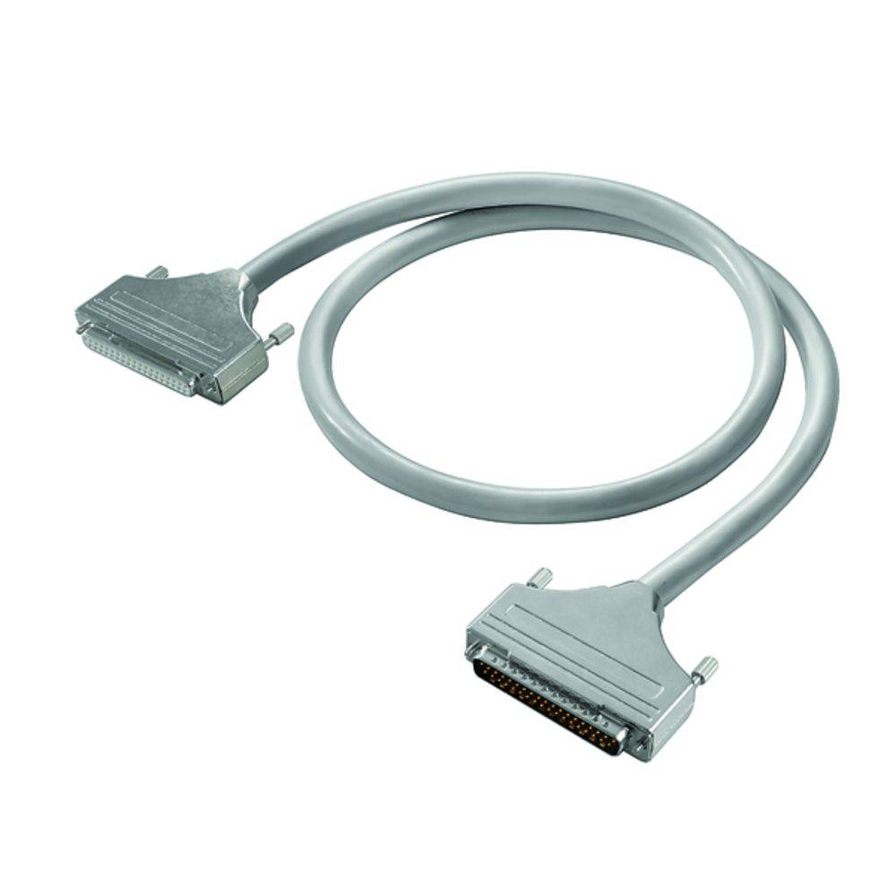 Un câble SCSI gris avec deux connecteurs, utilisé pour connecter des ordinateurs à des périphériques externes comme des imprimantes ou des disques durs.