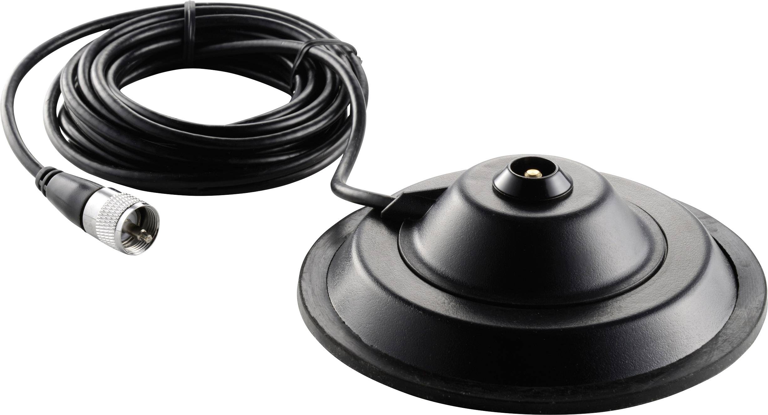 Pied magnétique avec câble coaxial et connecteur pour la fixation d'antennes. Noir, rond, avec point de connexion central.