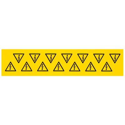 Panneau d'avertissement jaune avec des symboles de foudre noirs, indiquant des dangers électriques. 13 triangles sont disposés en ligne.