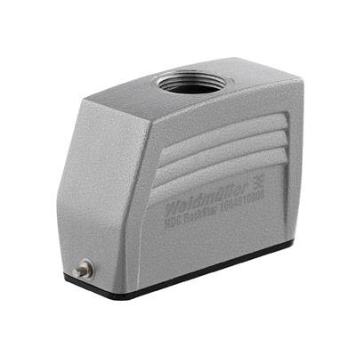 Boîtier métallique pour connecteurs, forme rectangulaire, avec un trou fileté sur le dessus, couleur grise, adapté aux applications industrielles.