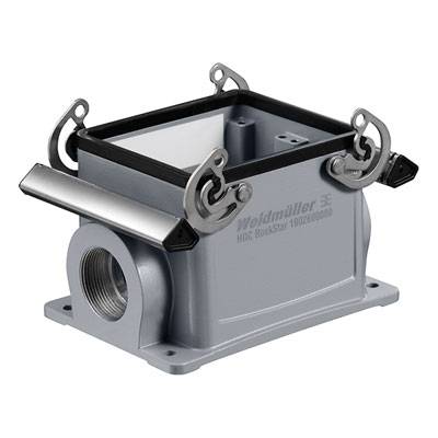 Boîtiers pour connecteurs lourds de Weidmüller avec sortie de câble latérale et clips de verrouillage, pour applications industrielles.