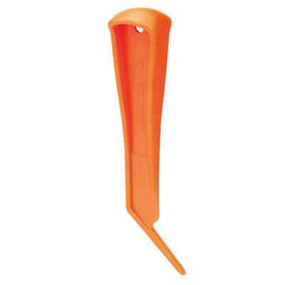 Levier de démontage de pneu de vélo orange, légèrement incurvé, en plastique.