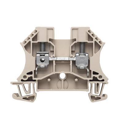 Une pince beige pour la fixation de fils sur un rail, avec deux vis pour une connexion sécurisée.