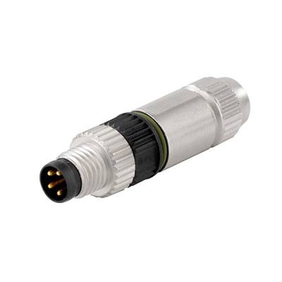 Un connecteur métallique M8 à quatre contacts, utilisé pour des applications industrielles de transmission de signaux et de données.