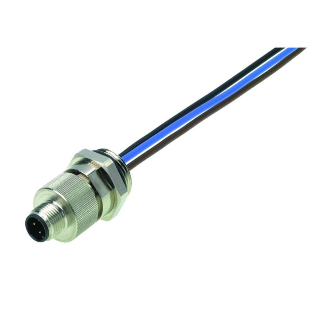 Un connecteur M12 fileté avec trois câbles de couleurs noir, bleu et marron dépasse.