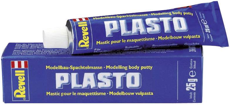 Un tube bleu de mastic de modélisme 'Revell Plasto' avec son emballage d'origine. Le texte sur l'emballage est mentionné.