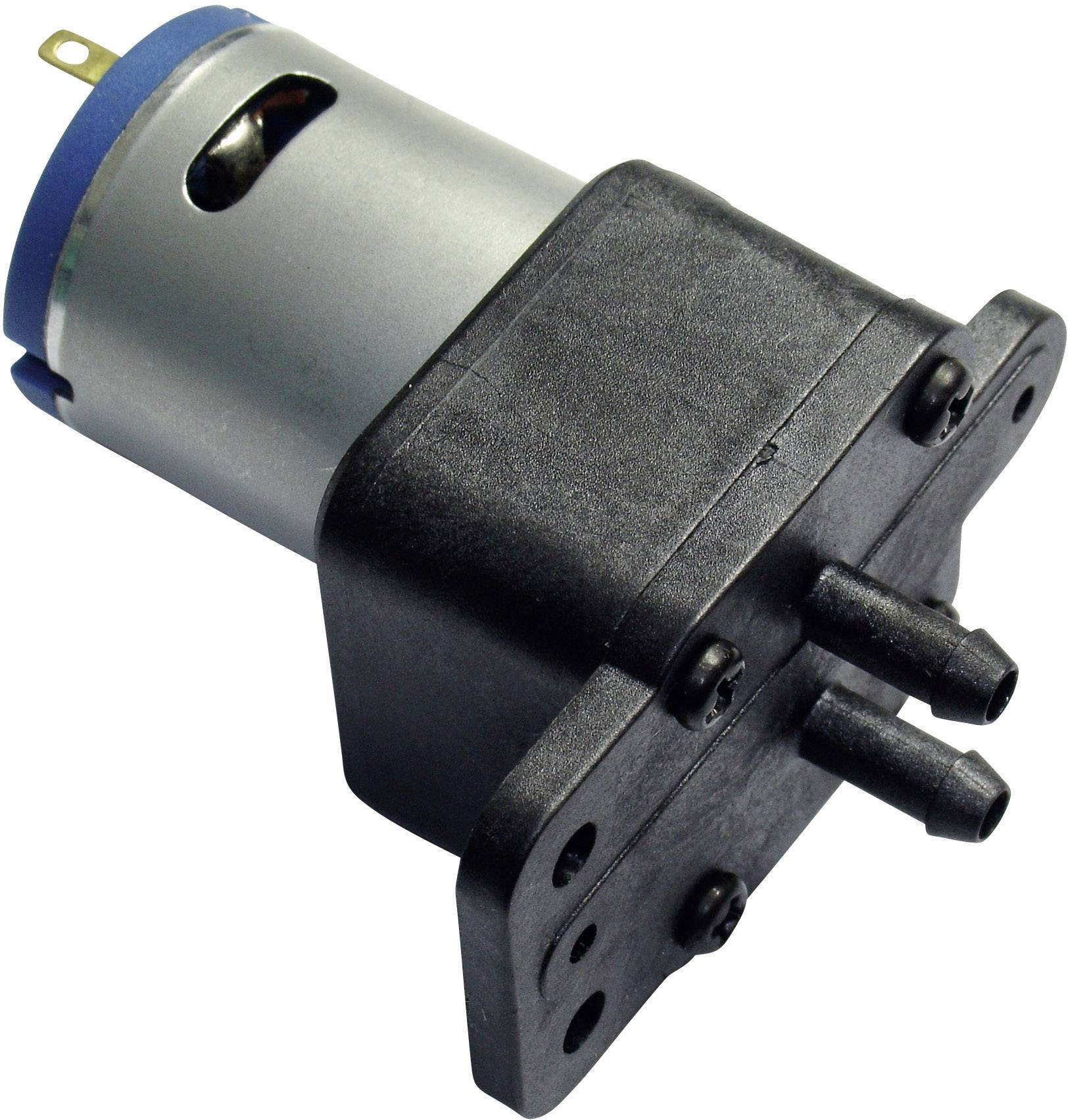 Petit moteur électrique avec boîtier en plastique noir, deux buses et connexion de câble bleue. Utilisé pour des applications miniatures.