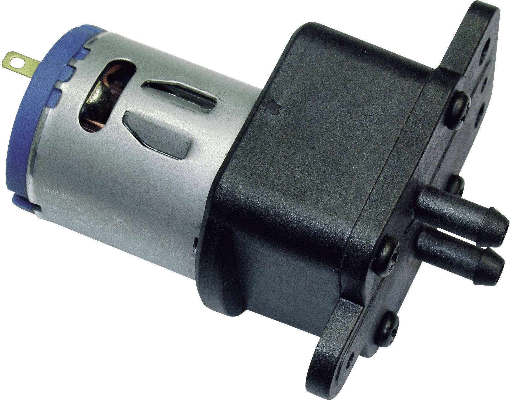 Un petit moteur électrique avec un boîtier en plastique et deux buses courtes et saillantes. Le moteur semble conçu pour des fonctions de pompage.