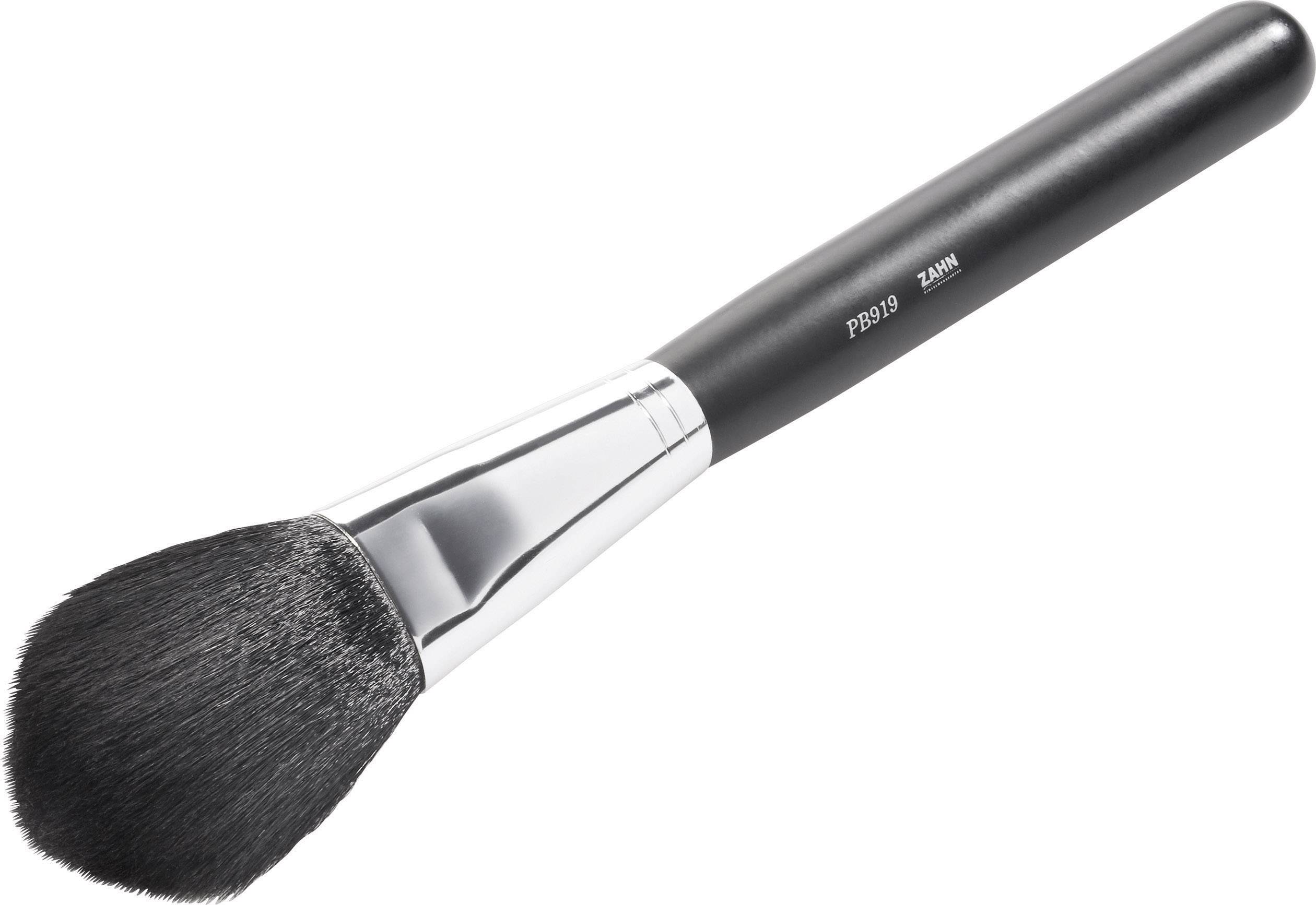 Un pinceau de maquillage à manche noir avec des poils doux et denses, adapté à l'application de poudre.