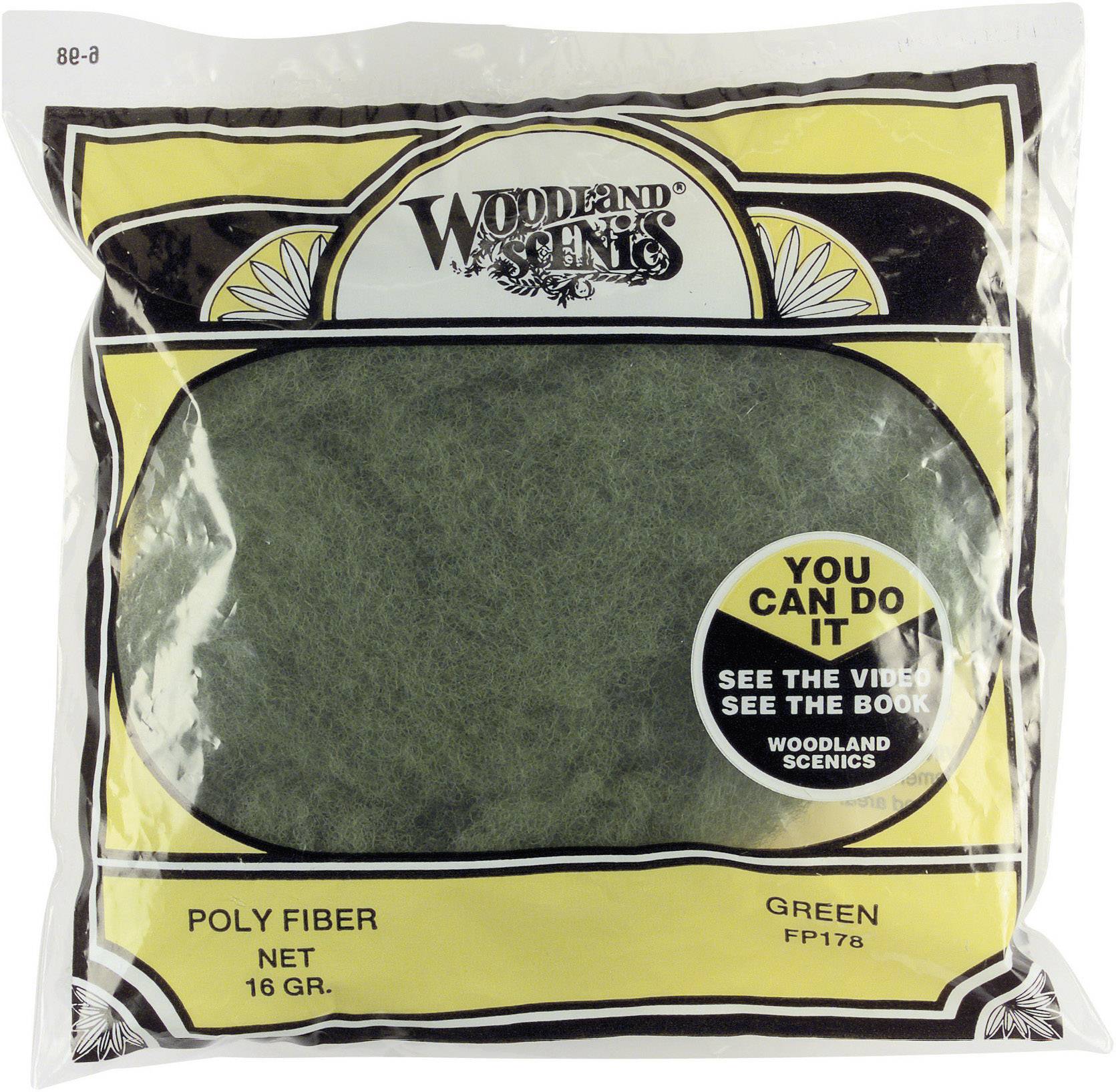 Sachets de fibres vertes Woodland Scenics, 16 grammes. Texte en cercle : « Vous pouvez le faire - Regardez la vidéo, consultez le livre ».