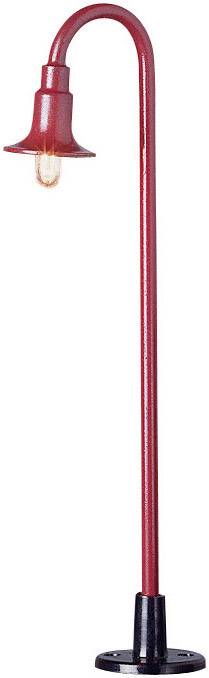 Lampadaire rouge à tige incurvée, serpentine, avec un socle noir, émettant une lumière douce.