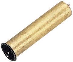 Pièce métallique cylindrique dorée, ressemblant à un boulon ou à une tige de contact électrique, sur un fond blanc.