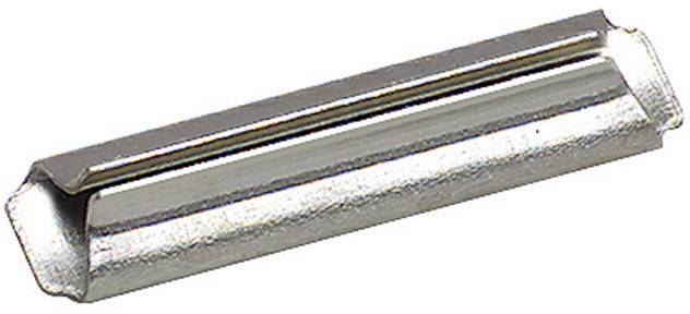 Une barrette de métal argenté, rectangulaire, à la surface légèrement bombée, pouvant servir de verrou ou d'élément de connexion.