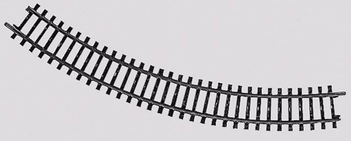Un segment de rail de chemin de fer courbé avec des traverses, un rail de type modélisme ferroviaire pour les virages.