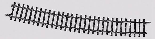 Un rail de chemin de fer incurvé flotte sur un fond gris.