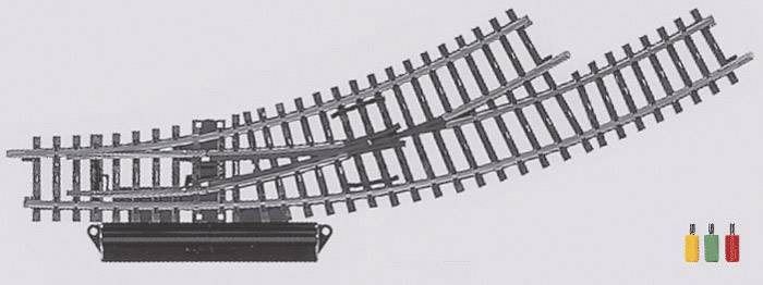 Rails de chemin de fer à faible résistance avec deux directions possibles, l'une vers la gauche et l'autre tout droit, avec des symboles de couleur en jaune, rouge et noir en bas à droite.