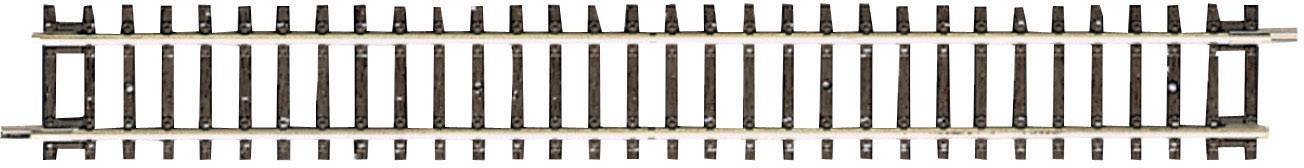 Un segment unique de rail de modélisme ferroviaire dans une longue section droite avec deux rails métalliques parallèles et leurs fixations.