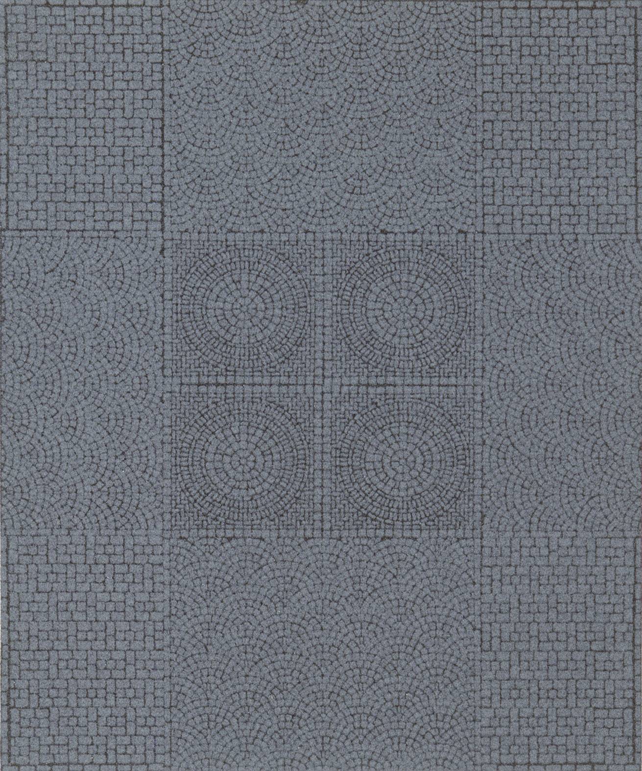 Revêtement de sol composé de petites dalles carrées et circulaires formant des motifs géométriques et des symétries.