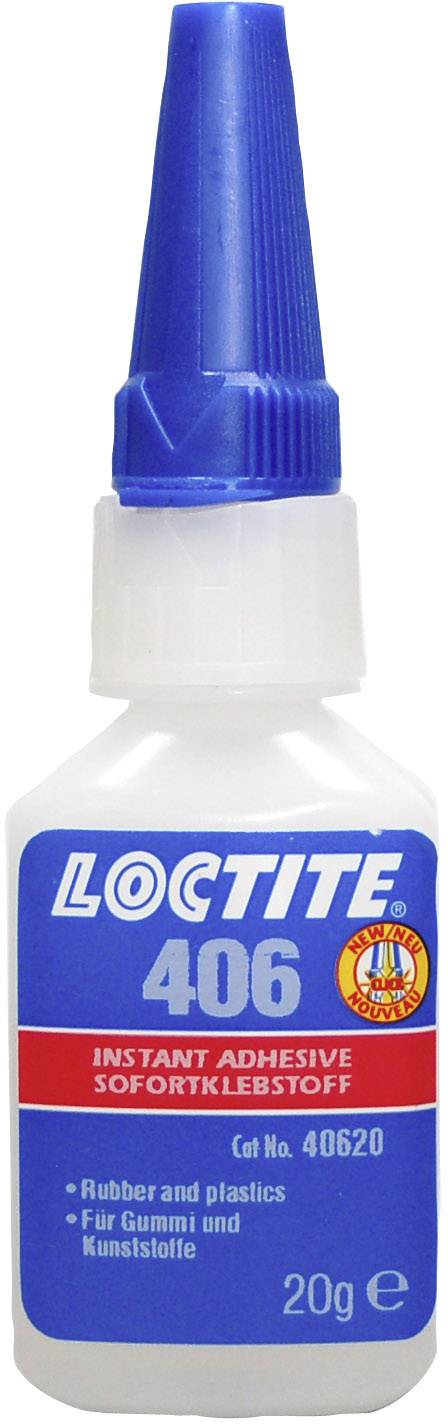 Flacon Loctite avec bouchon bleu et étiquette 'Loctite 406'. Adapté pour le caoutchouc et les plastiques, contenance de 20g.