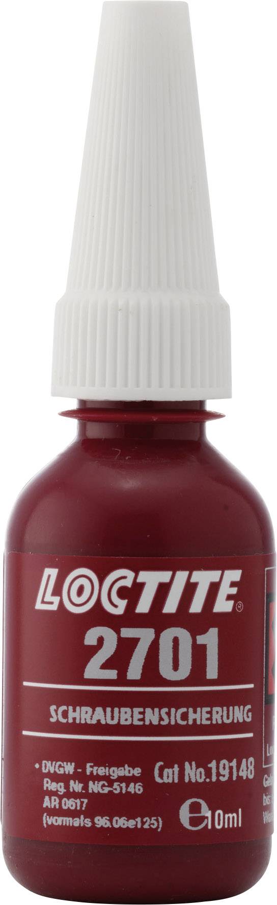 Bouteille rouge avec couvercle blanc, étiquette 'LOCTITE 2701'. Frein filet pour empêcher le desserrage des vis.