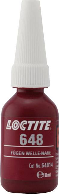 Bouteille rouge portant l'inscription 'LOCTITE 648', un adhésif pour assemblages d'arbres et de moyeux. Contient 10 ml.