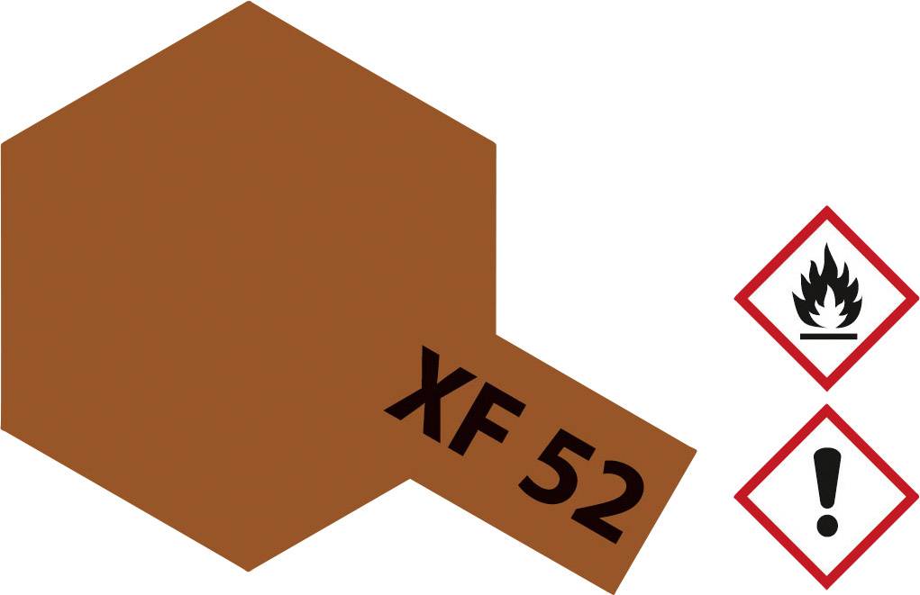 Échantillon de couleur 'XF 52' en marron à côté de deux symboles de danger : l'un pour l'inflammabilité et l'autre avec un point d'exclamation indiquant la prudence.