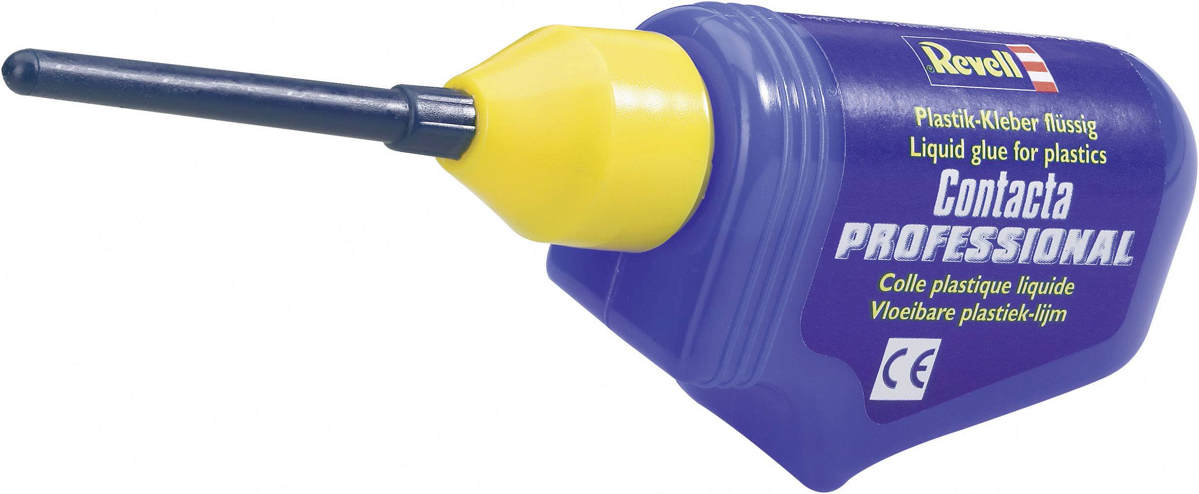 Colle Revell en bouteille bleue avec embout jaune, étiquette : « Colle liquide pour plastiques ».