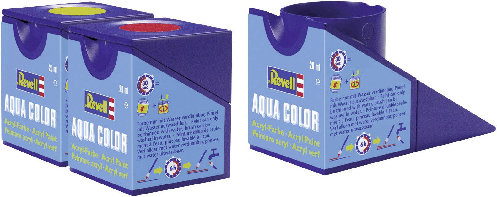 Deux boîtes de peinture Revell Aqua Color en bleu avec codes couleur et couvercles. Texte sur l'emballage : « Convient à l'aérographe et au pinceau »