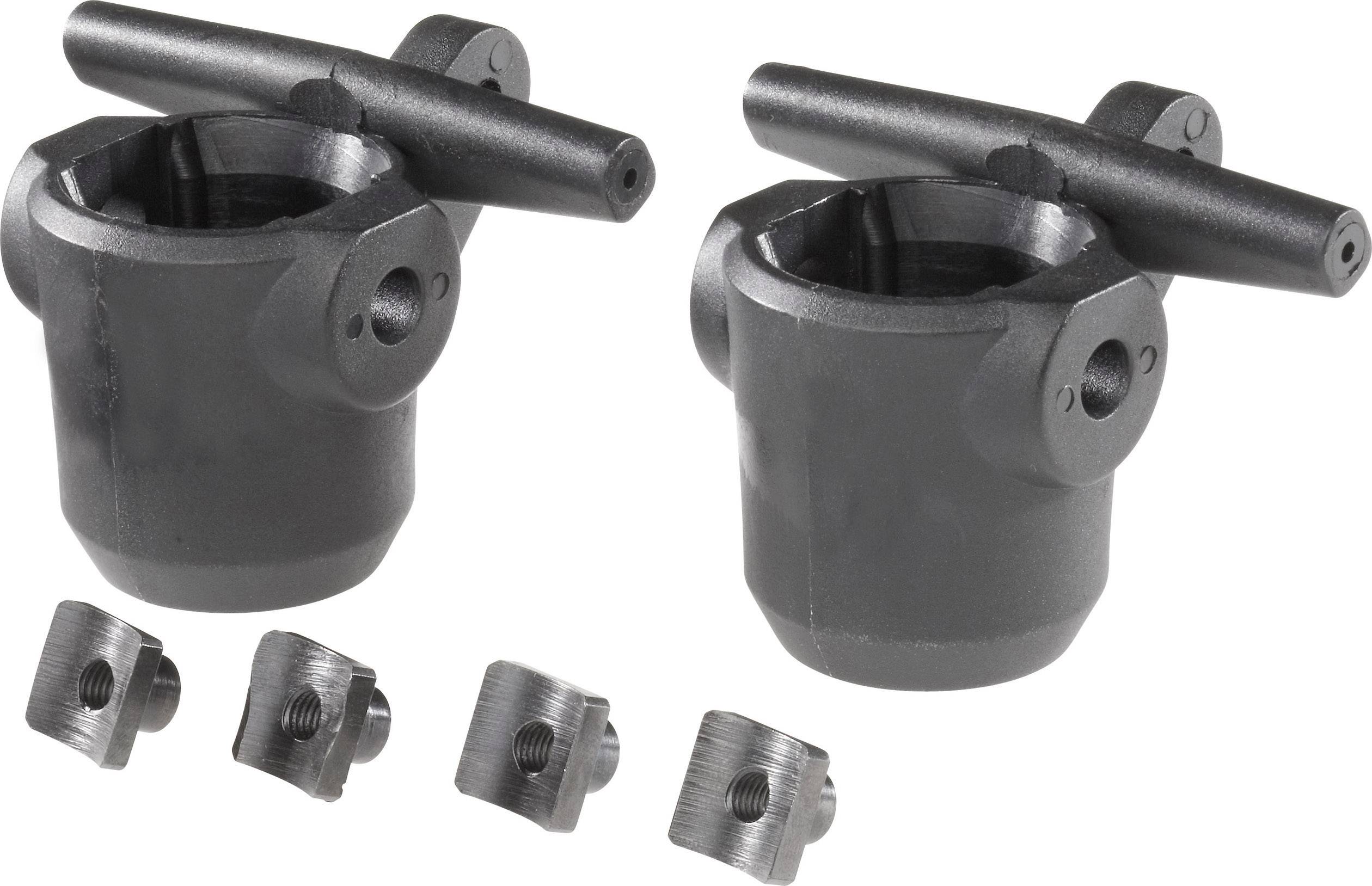 Deux pièces de fixation métalliques noires avec des leviers et quatre petites connexions à vis en dessous, probablement des pièces de rechange ou des accessoires.