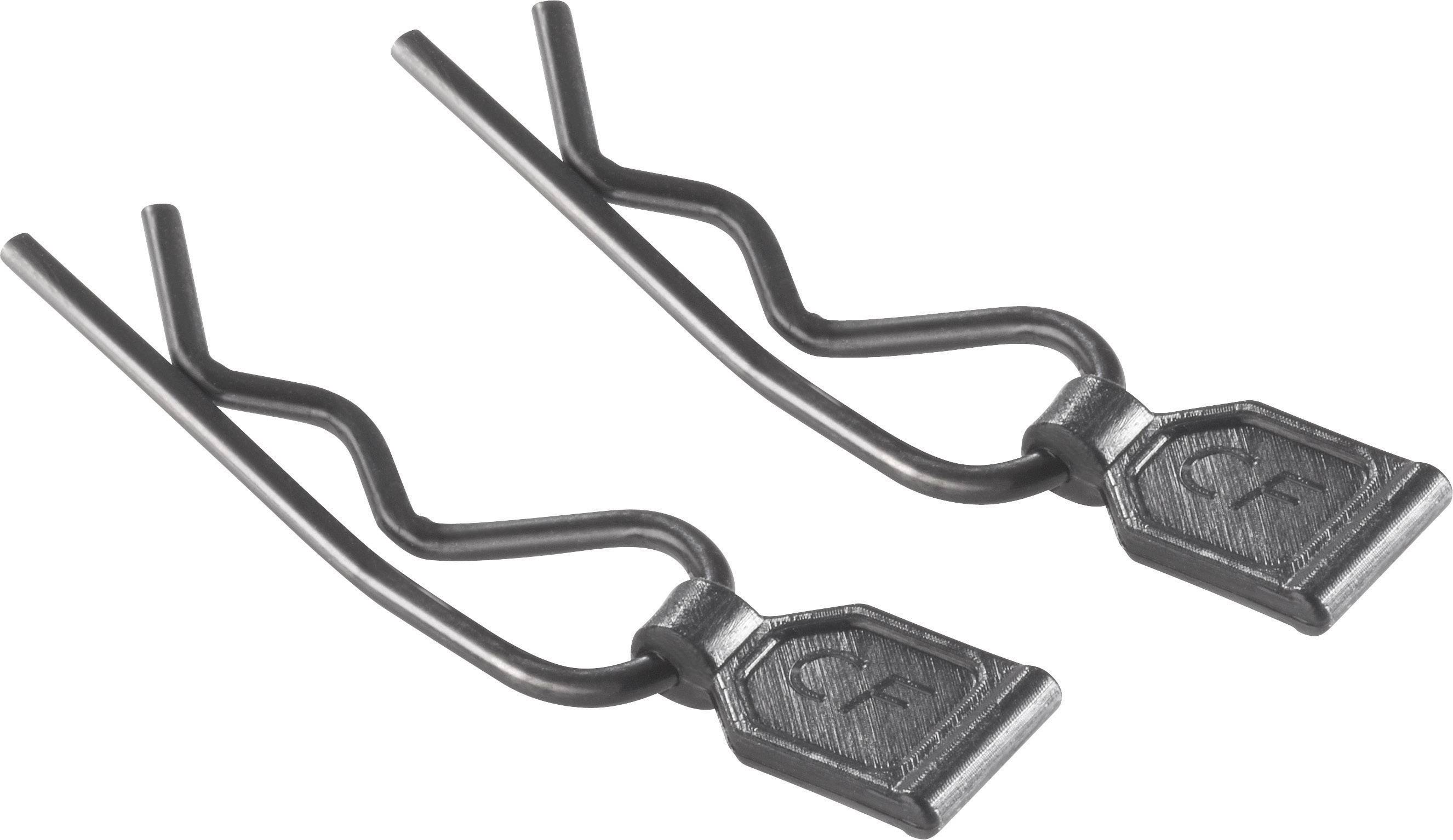 Deux pinces à cheveux noires au design ondulé et aux extrémités plates, portant la gravure d'un symbole stylisé.