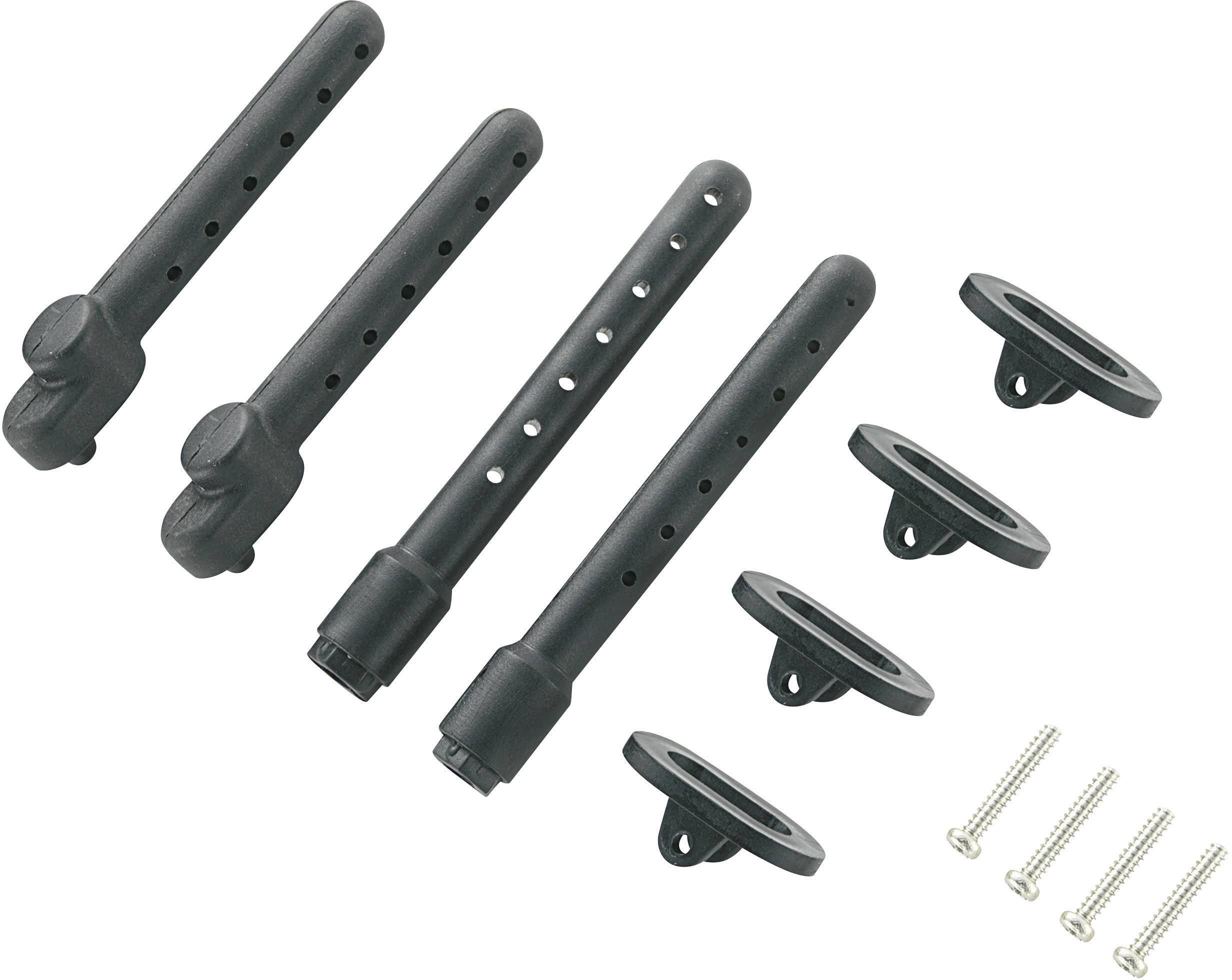 Boulons de carrosserie noirs miniatures avec vis et éléments de fixation, pour une fixation sécurisée sur des modèles réduits ou des véhicules radiocommandés.