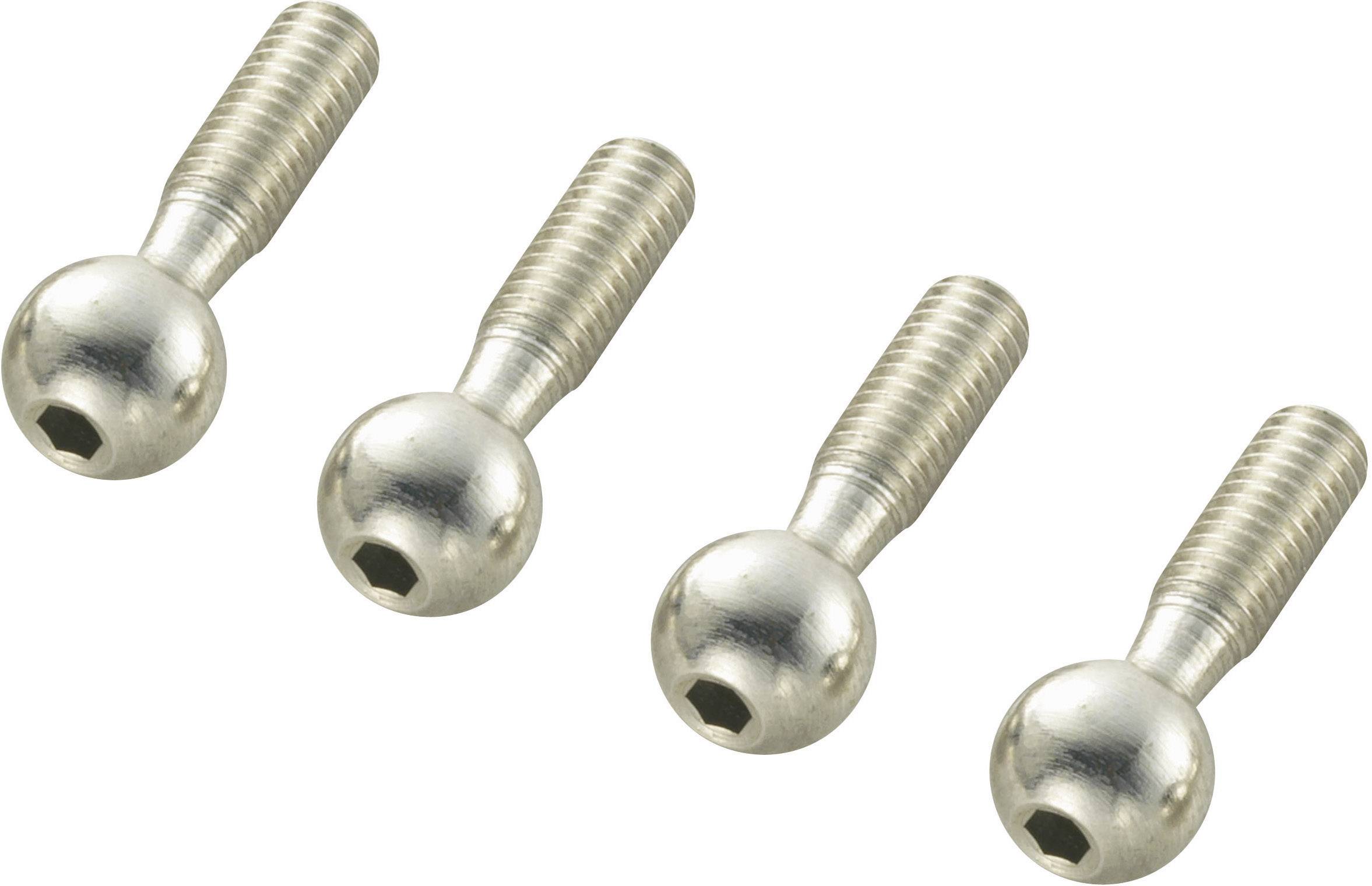 Quatre boulons à rotule en argent, disposés côte à côte, montrent différentes positions. Ils sont fabriqués en métal.