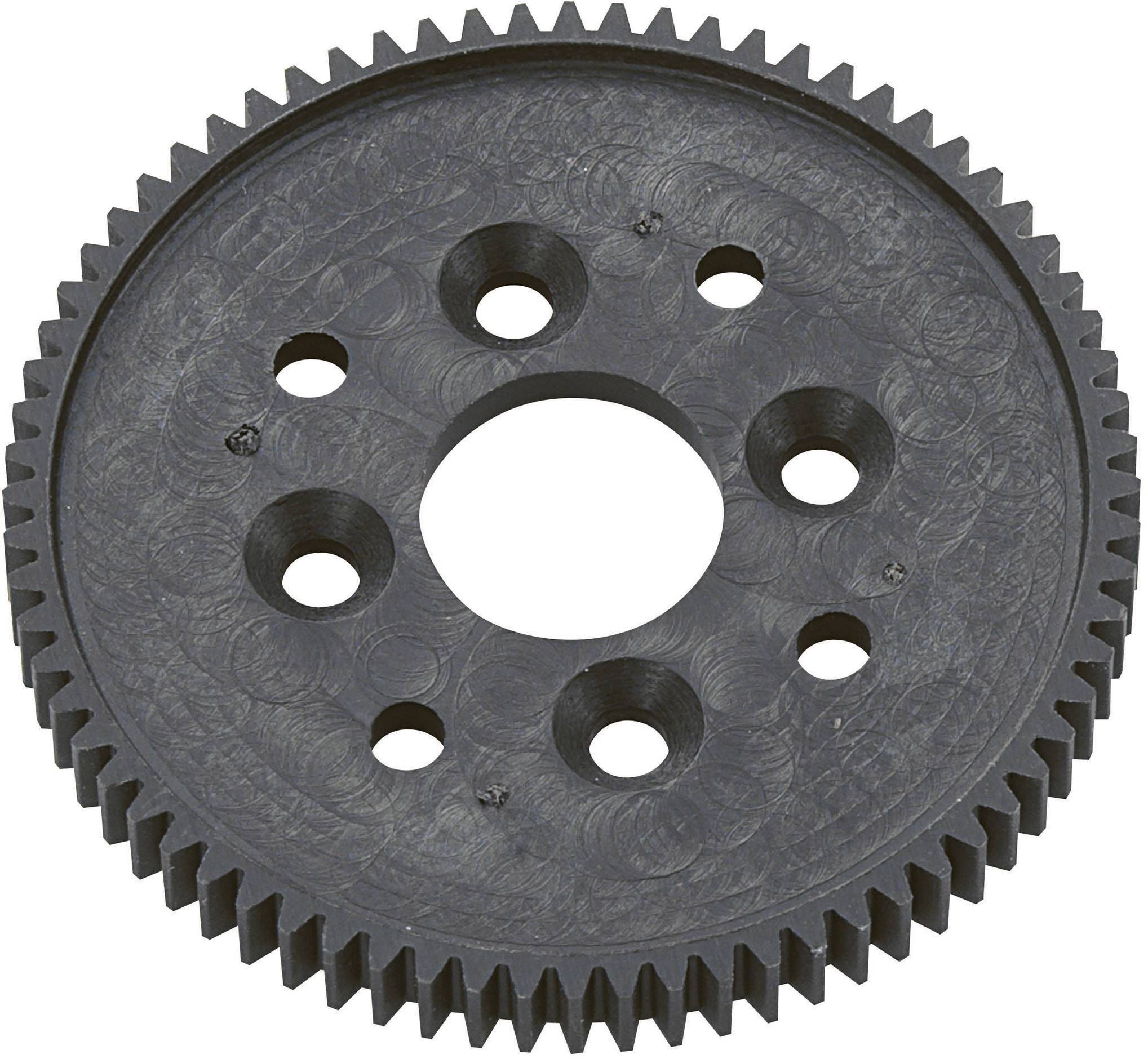 Roue dentée en métal avec six trous arrondis, répartis de manière uniforme autour d'une ouverture centrale plus grande.