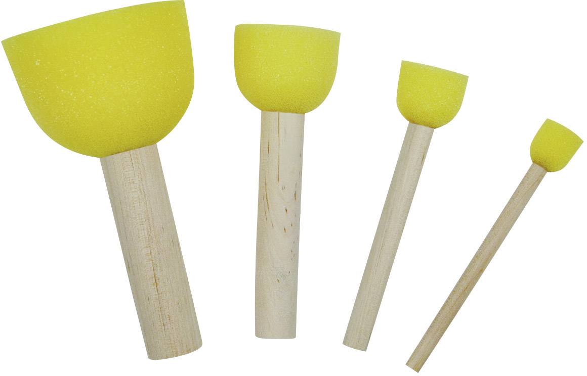 Quatre pinceaux éponge jaunes avec manche en bois de différentes tailles ; utilisés pour la peinture et les travaux manuels.