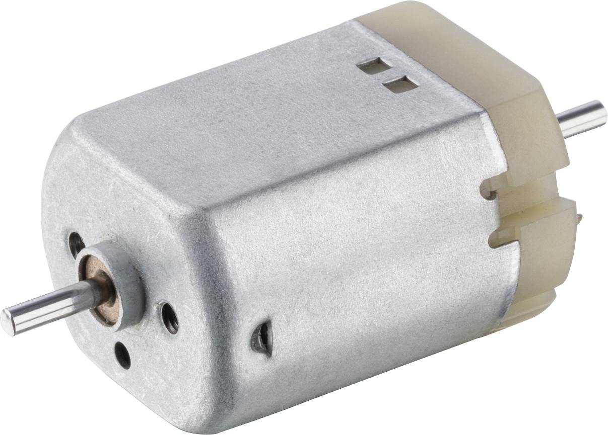 Un petit moteur à courant continu avec un boîtier métallique et deux axes, généralement utilisé pour des applications mécaniques dans les appareils.