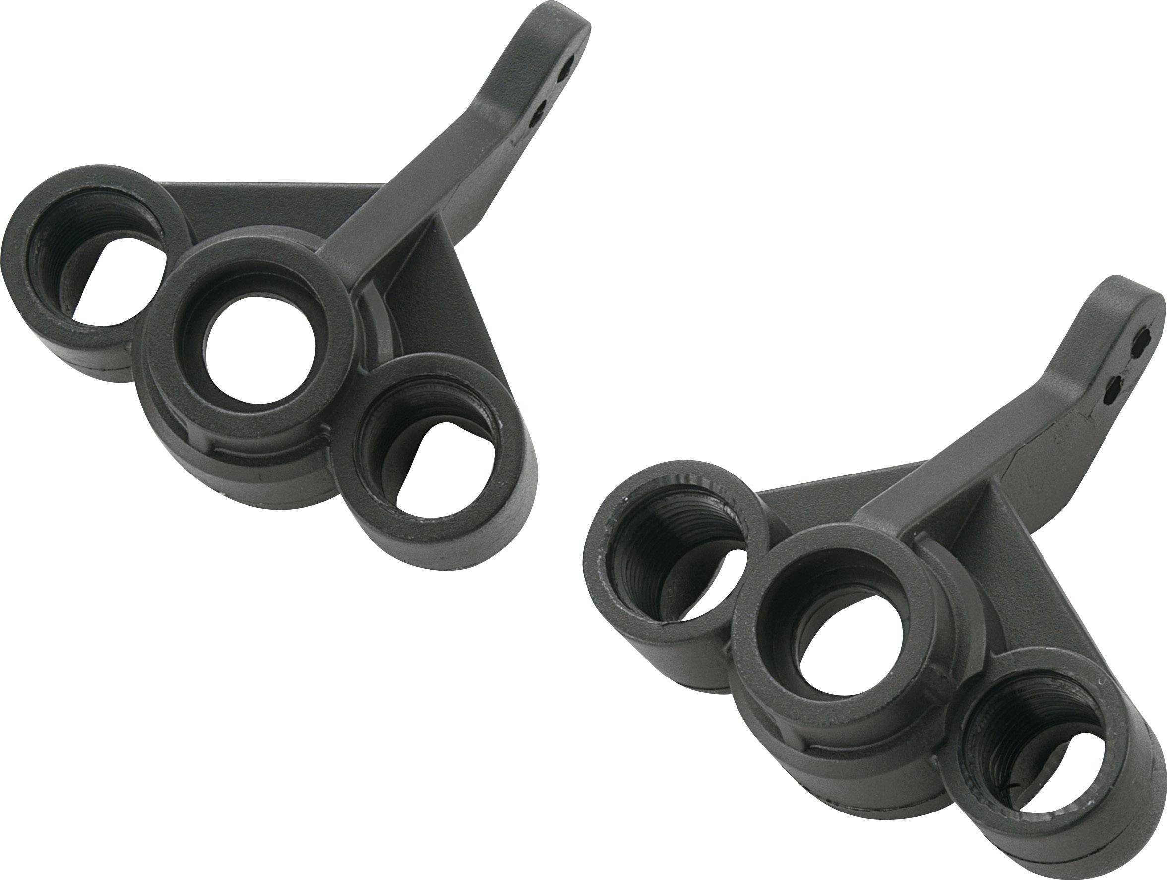 Deux pinces noires en plastique avec plusieurs ouvertures rondes, probablement adaptées pour des fixations techniques ou mécaniques.