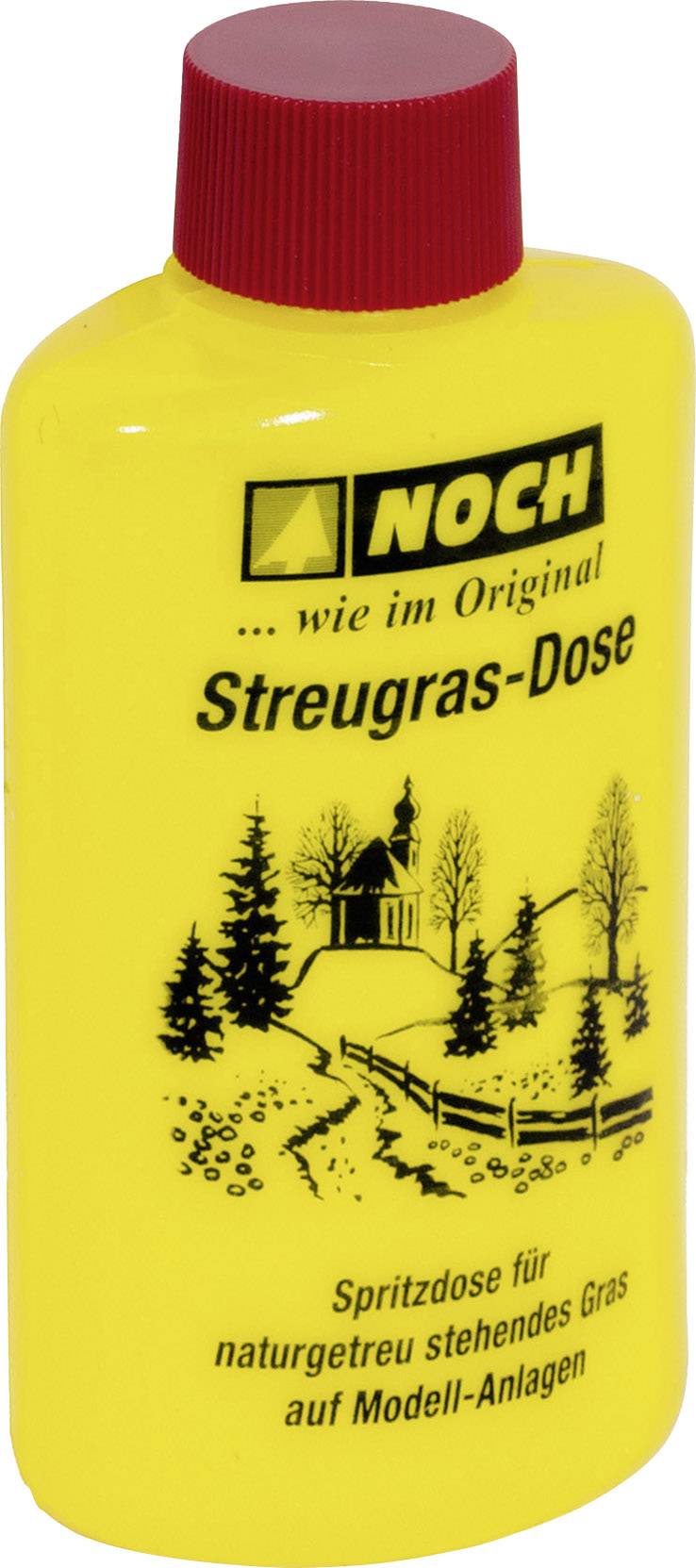 Bouteille jaune avec couvercle rouge, étiquette portant l'inscription noire 'Boîte à herbe à saupoudrer', image de paysage avec chapelle, marque 'Noch'.