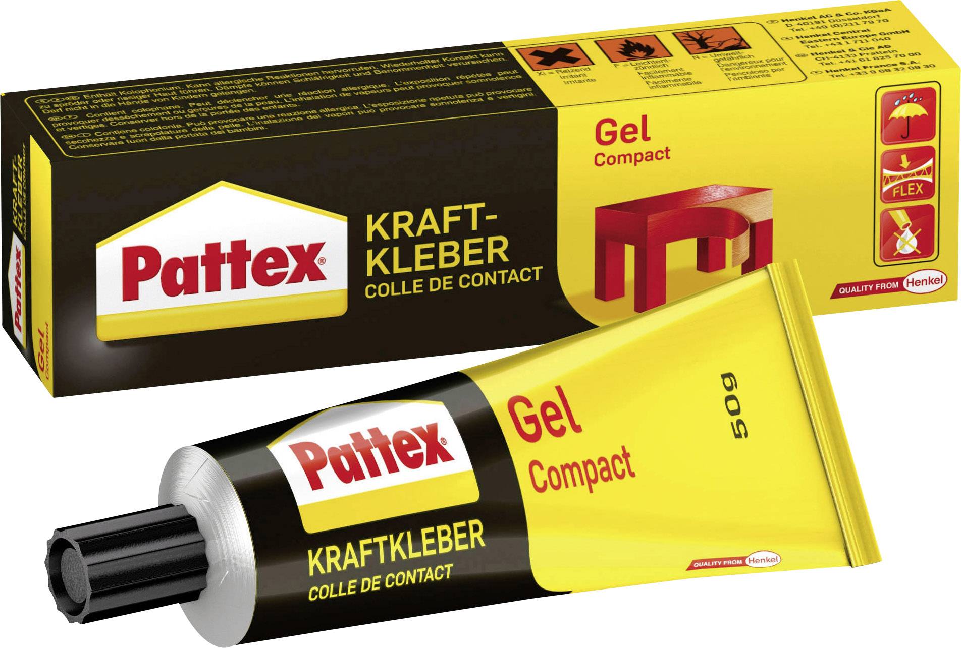 'Pattex Colle Gel Compact' : Sur un carton sont posés un tube de colle et son emballage portant l'inscription 'pour matériaux flexibles'.