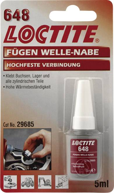 Colle Kleber 'LOCTITE 648' pour assemblages arbre-moyeu, haute résistance et thermorésistance, flacon de 5 ml, application sur moteur.