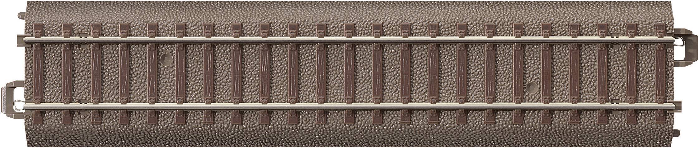 Tronçon de voie ferrée pour train miniature avec ballast brun et deux rails parallèles.