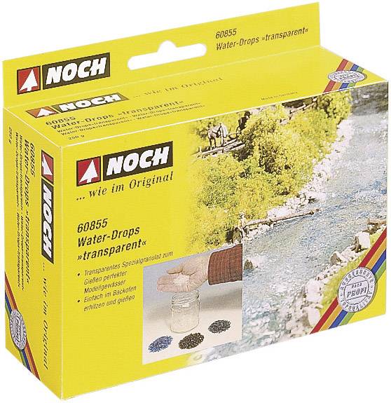 Emballage pour 'Noch Water-Drops transparent'. Montre une main tenant des billes de plastique et un modèle de rivière sur la couverture.