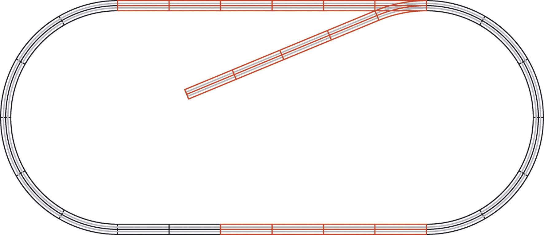 'Piste de train miniature simple en forme ovale avec une voie rouge secondaire vers l'intérieur.'