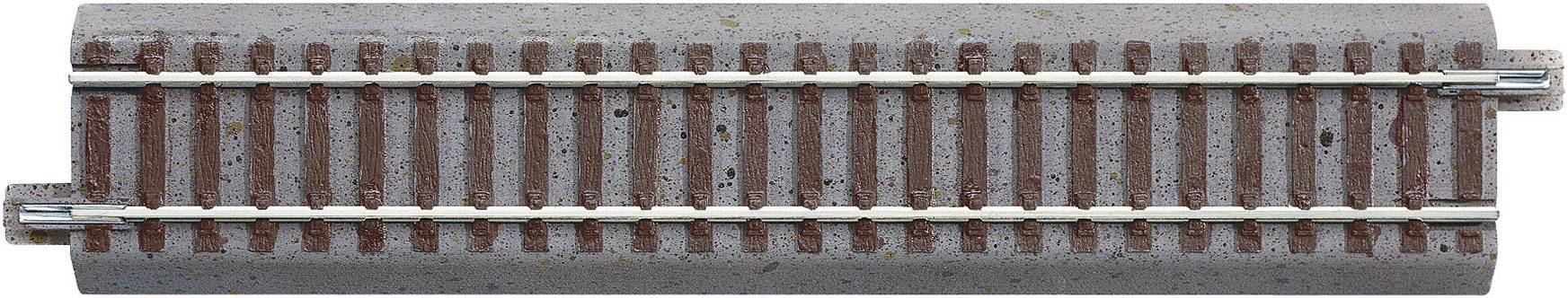 Un seul tronçon de voie ferrée pour train miniature, avec des traverses brunes et des rails argentés. Adapté pour un réseau de train miniature.