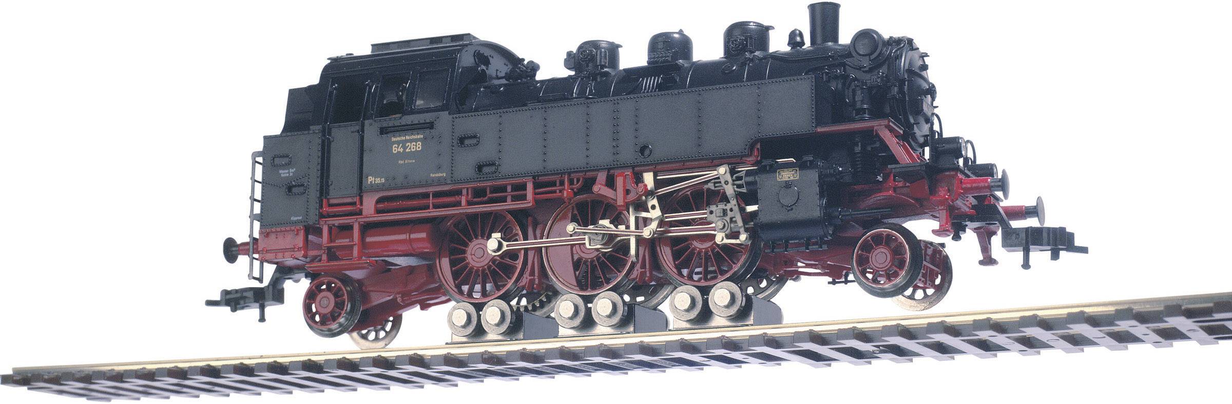 Un train miniature noir et rouge sur un rail. Représentation détaillée d'une locomotive à vapeur avec des roues visibles et une partie avant bien définie.