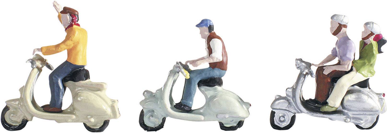 Trois petites figures sur des scooters : Une personne en orange fait un signe de la main, une deuxième personne roule seule, et deux personnes circulent ensemble.