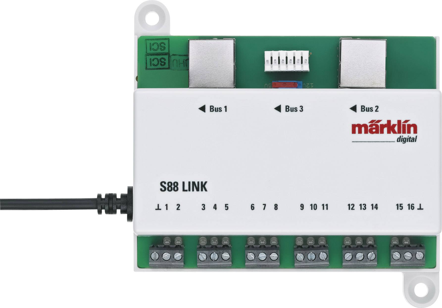 Un lien S88 numérique de Märklin avec trois prises et 16 connexions numérotées.