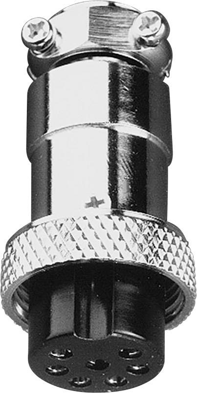 Un connecteur circulaire métallique à 6 broches avec une connexion à vis et un bord cannelé, souvent utilisé pour des appareils audio ou électroniques.
